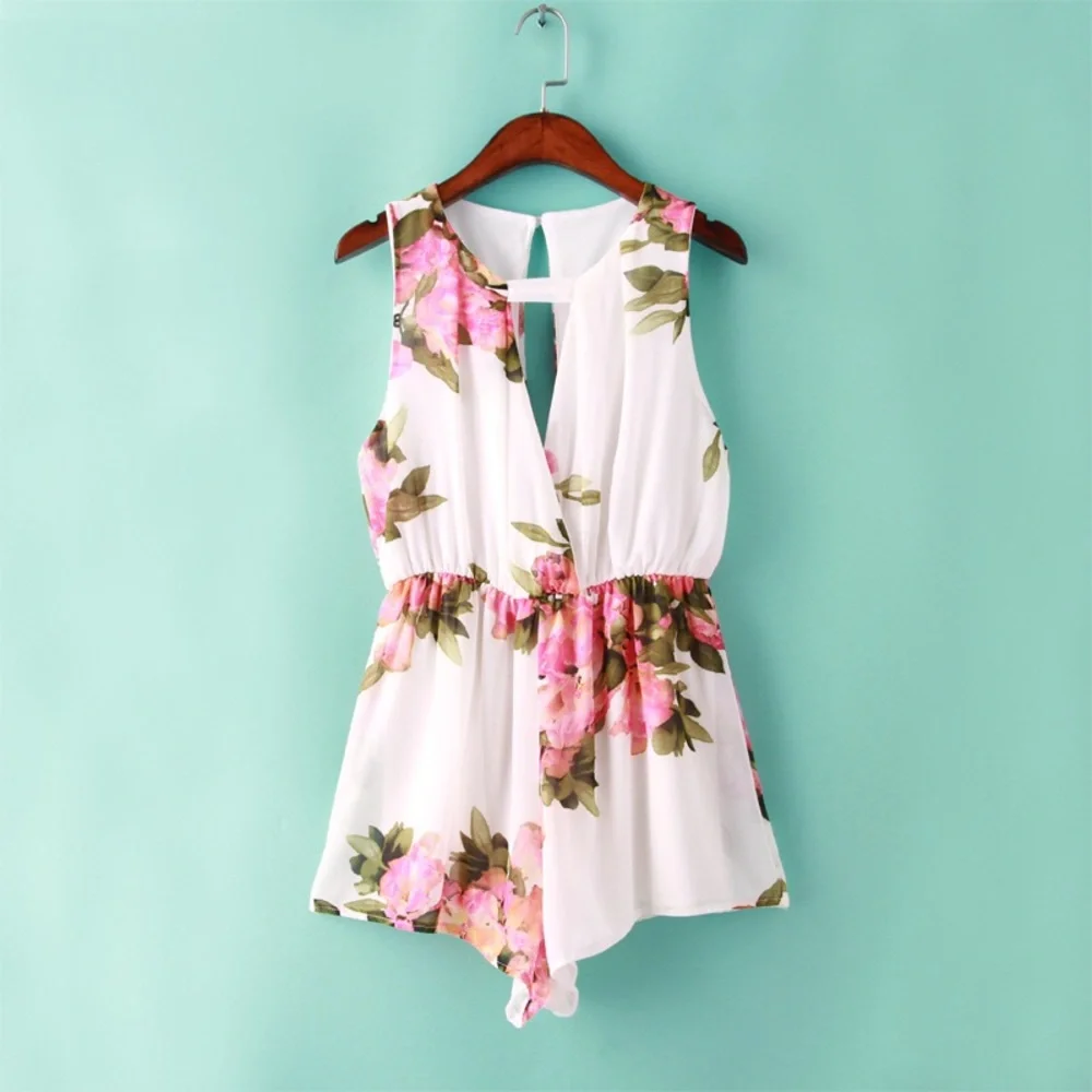 Plunging Keyhole Surplice Neckline White Floral Sleeveless Romper - Picture 2 of 7